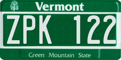 VT license plate ZPK122
