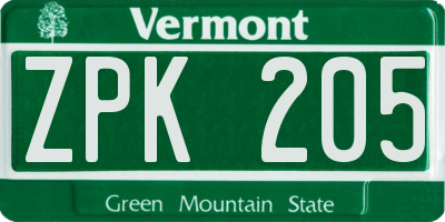 VT license plate ZPK205