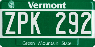 VT license plate ZPK292