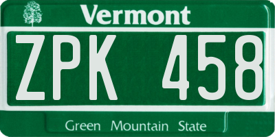 VT license plate ZPK458