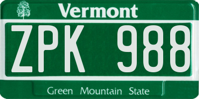 VT license plate ZPK988