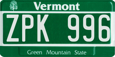 VT license plate ZPK996