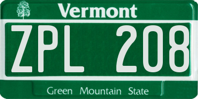 VT license plate ZPL208