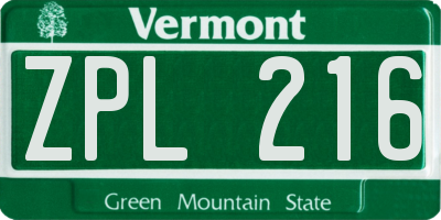 VT license plate ZPL216