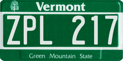 VT license plate ZPL217