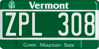 VT license plate ZPL308