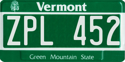 VT license plate ZPL452
