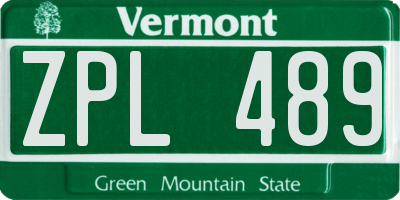 VT license plate ZPL489