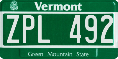 VT license plate ZPL492