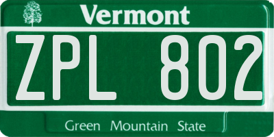 VT license plate ZPL802