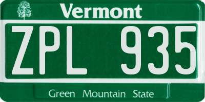 VT license plate ZPL935