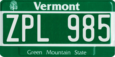 VT license plate ZPL985