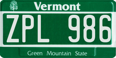 VT license plate ZPL986