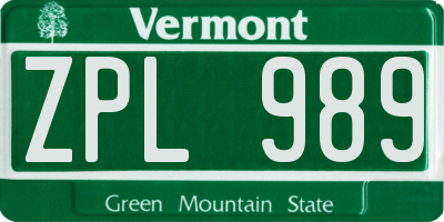 VT license plate ZPL989