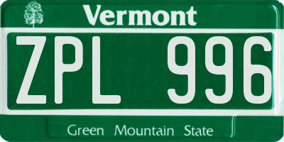 VT license plate ZPL996