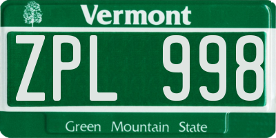 VT license plate ZPL998