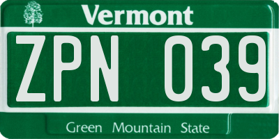 VT license plate ZPN039