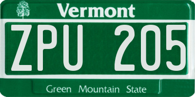 VT license plate ZPU205