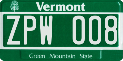 VT license plate ZPW008