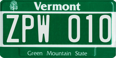 VT license plate ZPW010