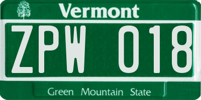 VT license plate ZPW018