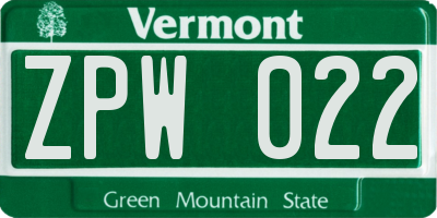VT license plate ZPW022