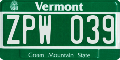VT license plate ZPW039