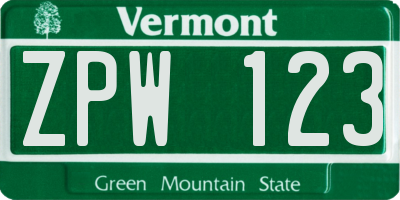 VT license plate ZPW123