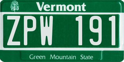 VT license plate ZPW191