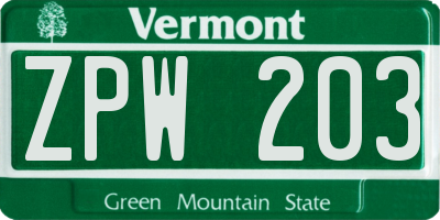 VT license plate ZPW203