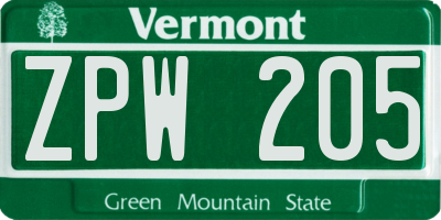VT license plate ZPW205