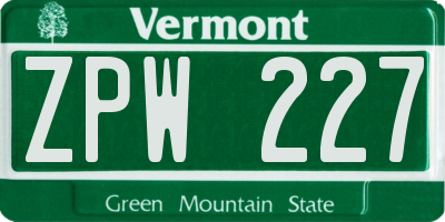 VT license plate ZPW227