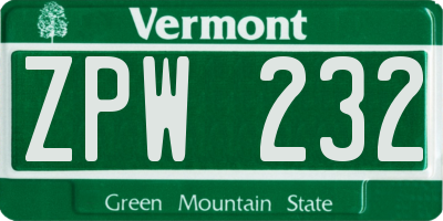 VT license plate ZPW232