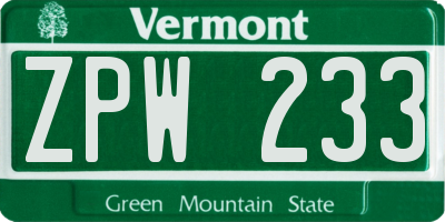 VT license plate ZPW233