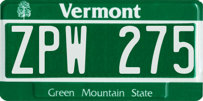 VT license plate ZPW275
