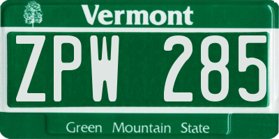 VT license plate ZPW285