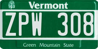 VT license plate ZPW308