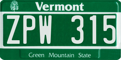 VT license plate ZPW315