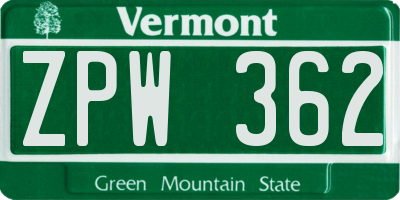 VT license plate ZPW362