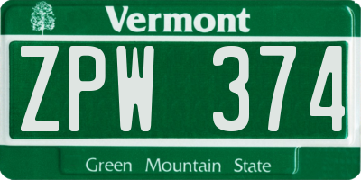VT license plate ZPW374