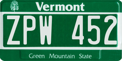 VT license plate ZPW452