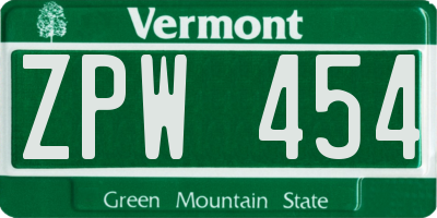 VT license plate ZPW454