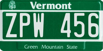 VT license plate ZPW456