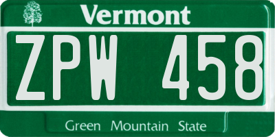 VT license plate ZPW458