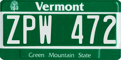 VT license plate ZPW472