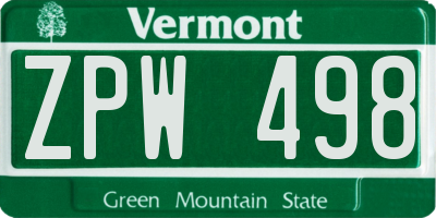 VT license plate ZPW498