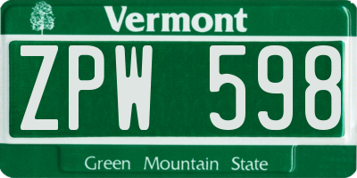 VT license plate ZPW598