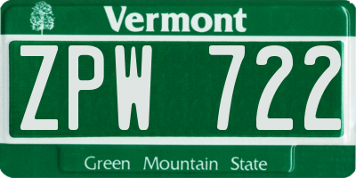VT license plate ZPW722