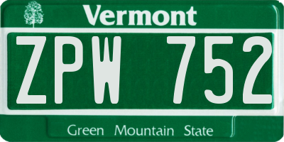 VT license plate ZPW752