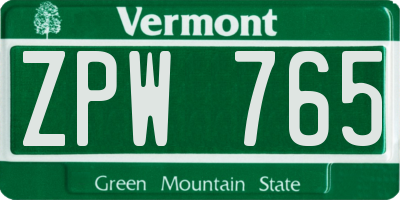 VT license plate ZPW765